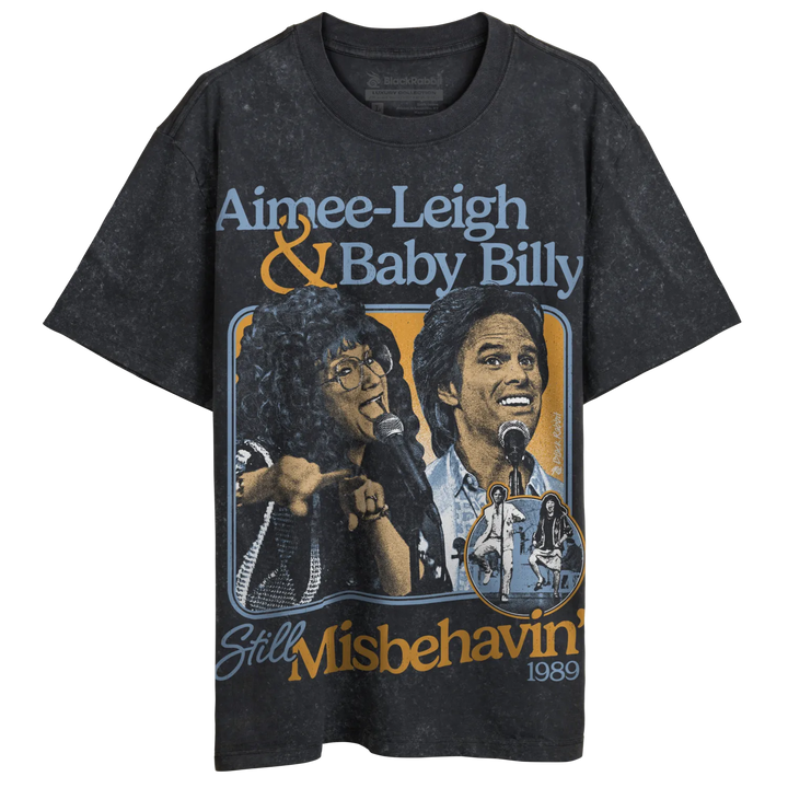 Dark gray graphic t-shirt with a vintage-style print featuring two people with microphones.