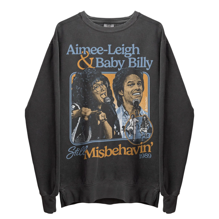 Dark grey long-sleeved crewneck sweatshirt with a vintage-style graphic print of two singers.