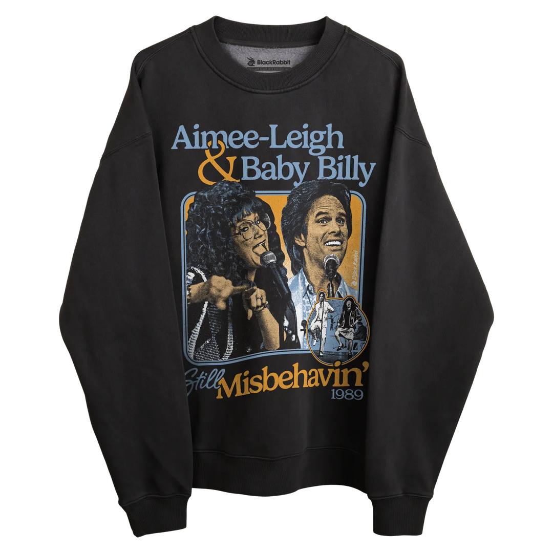 Vintage black sweatshirt with graphic design of aimee-leigh and baby billy performing ’misbehavin’’ in 1980.