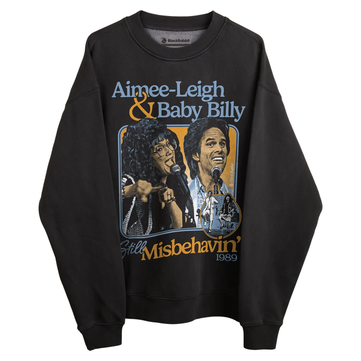 Vintage black sweatshirt with graphic design of aimee-leigh and baby billy performing ’misbehavin’’ in 1980.