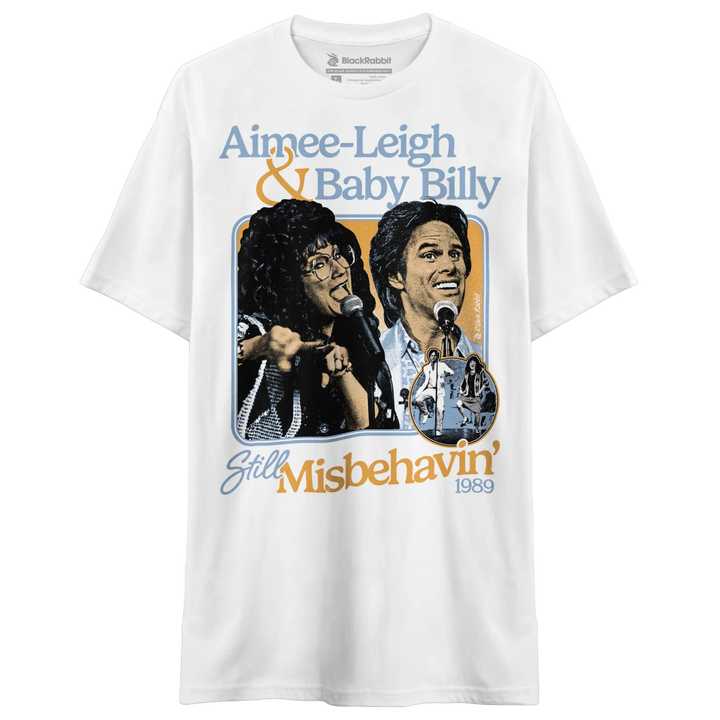 White short-sleeved t-shirt with a retro graphic print.