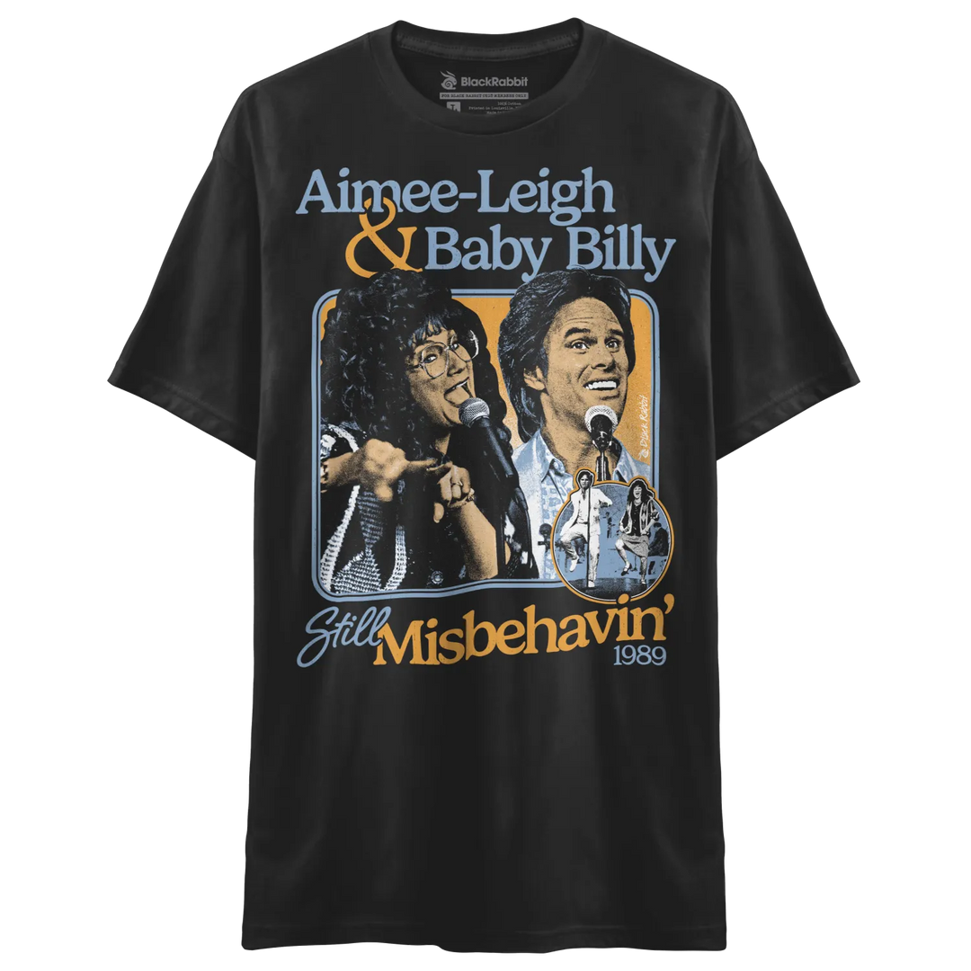 Black t-shirt with a retro-style graphic of two musicians.