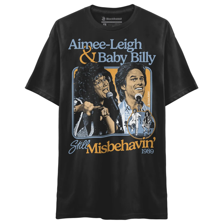 Black t-shirt with a retro-style graphic of two musicians.
