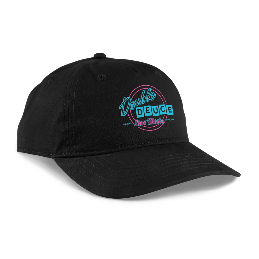 Black baseball cap featuring a neon-style ’double deuce live music’ logo in teal and pink.