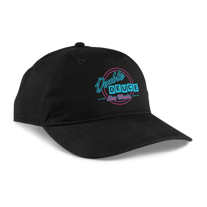 Black baseball cap featuring a neon-style ’double deuce live music’ logo in teal and pink.