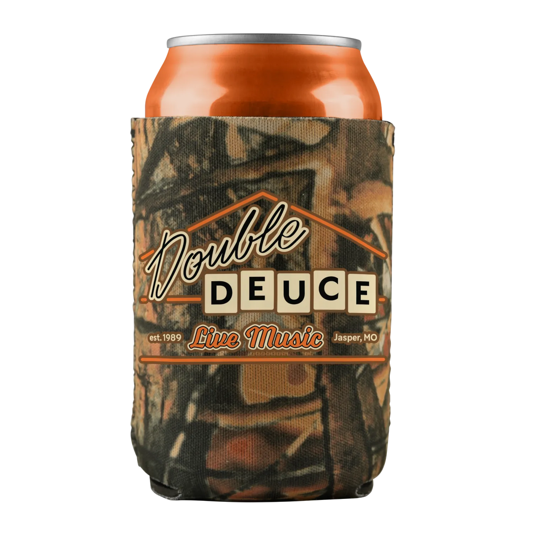 Camo-patterned can cooler for ’Double Deuce Live Music’ in Jasper, MO, established 1989.