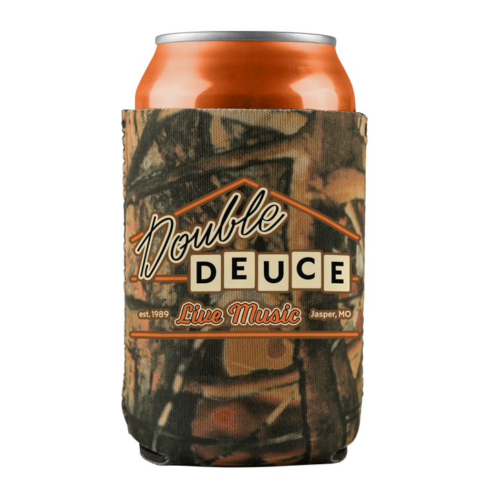 Camo-patterned can cooler for ’Double Deuce Live Music’ in Jasper, MO, established 1989.