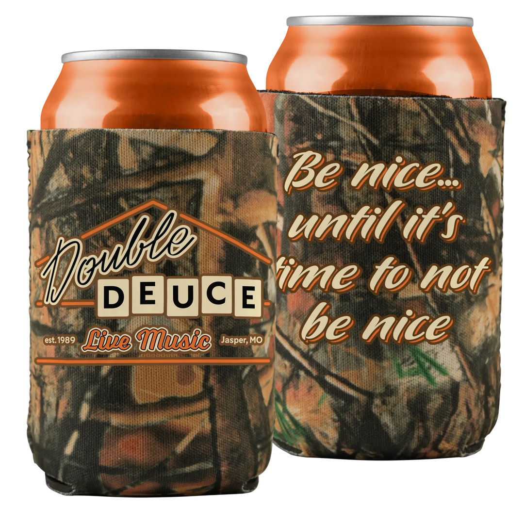 Two camouflage can koozies with orange cans.