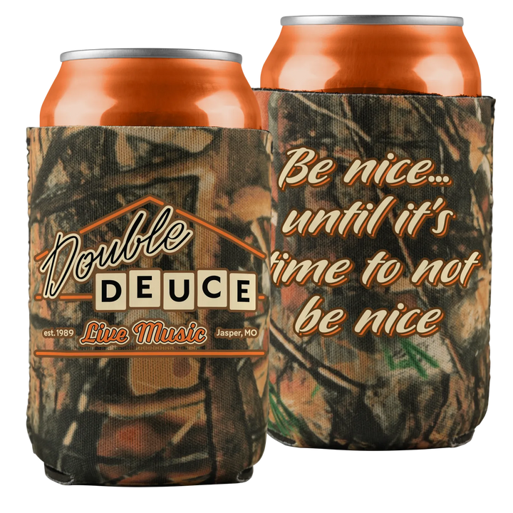 Camouflage-patterned can cooler with ’double deuce live music jasper, mo’ branding and the phrase ’be nice...