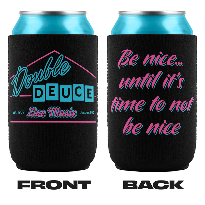 Two black can coolers with pink and blue text.