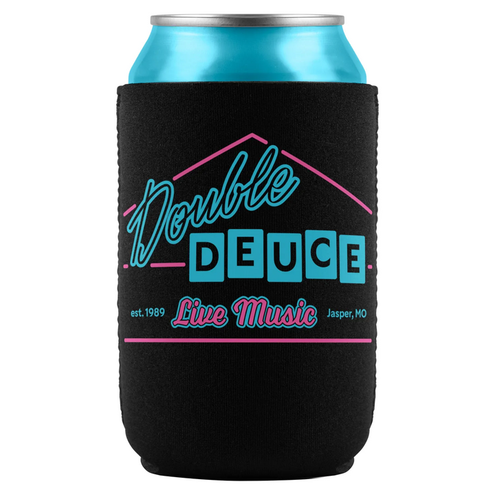 Black can cooler with ’Double Deuce’ design.