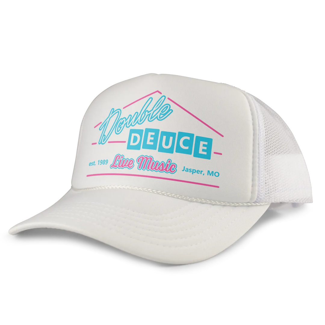 White trucker hat with a retro design featuring ’double deuce’ in teal and pink lettering, accented by a house-shaped outline.