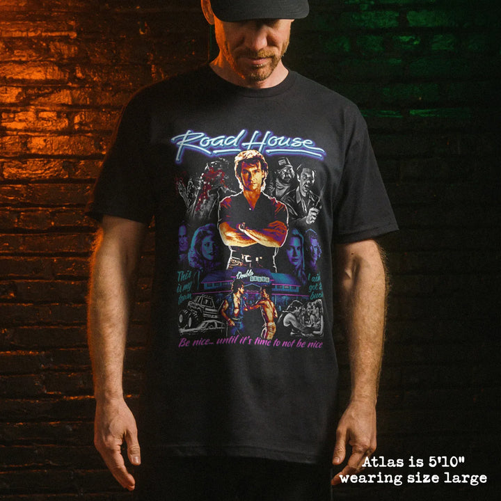 Male model wear soft premium tee with road house graphic
