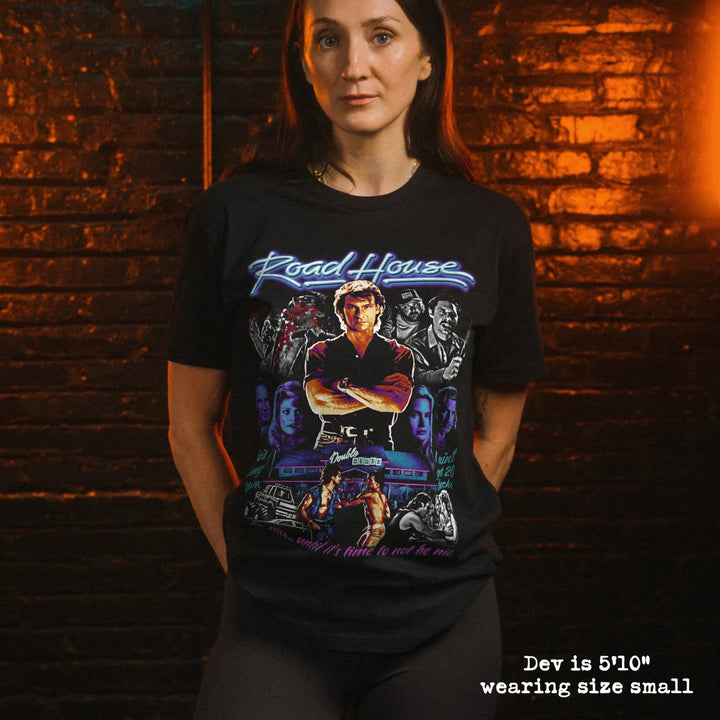 model wear soft premium tee with road house graphic
