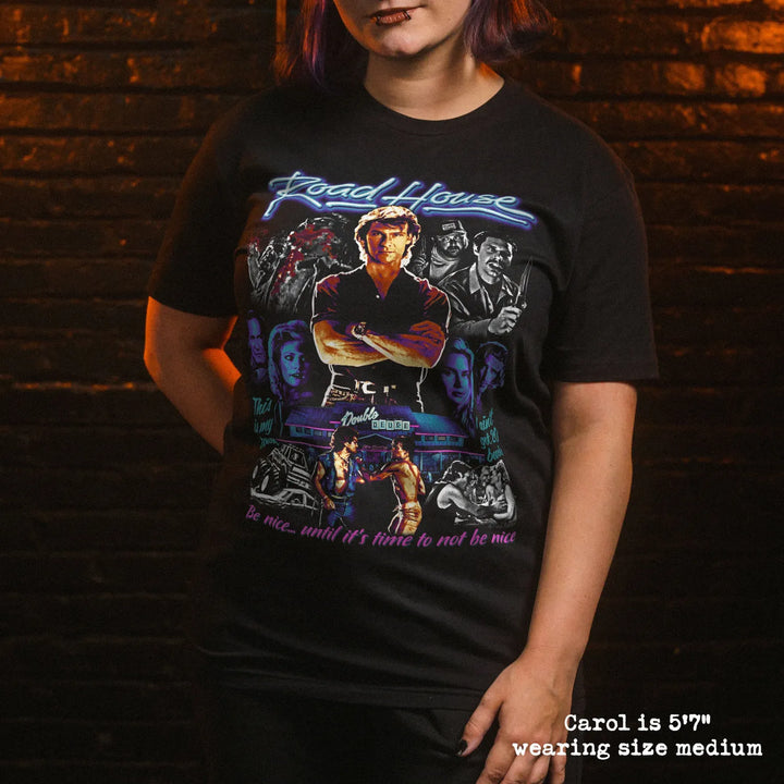 model wear soft premium tee with road house graphic
