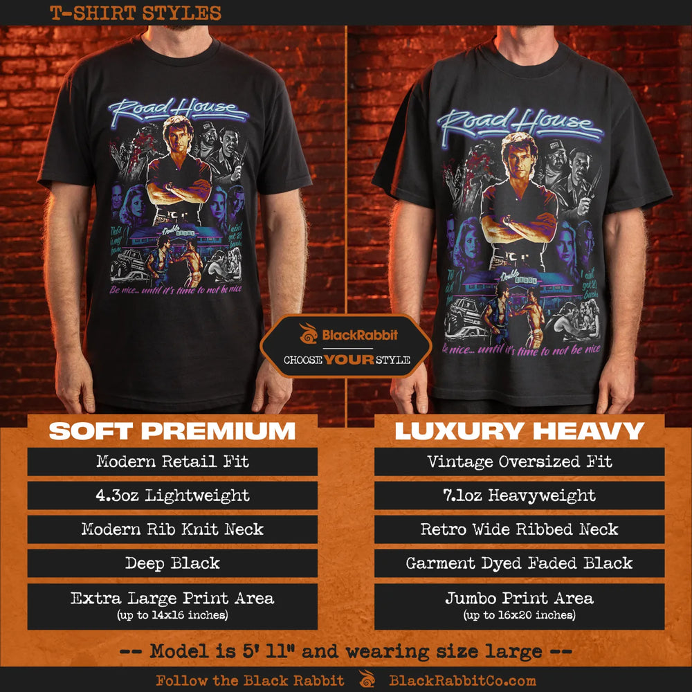 Two distinct styles of black ’Road House’ graphic t-shirts.