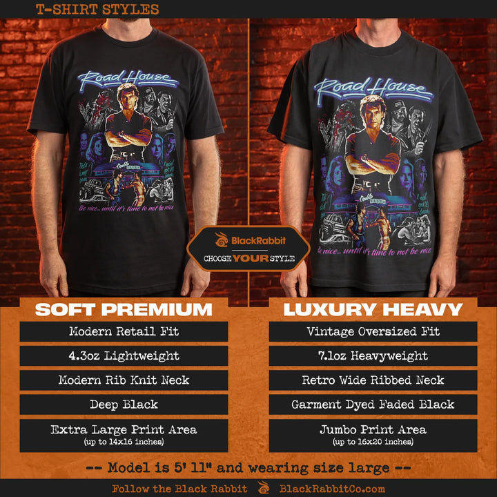 Two distinct styles of black ’Road House’ graphic t-shirts.