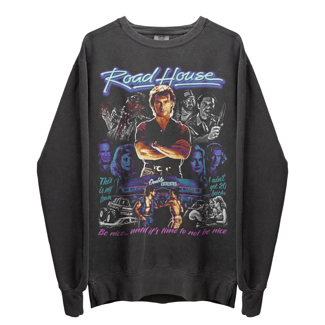 Gray long-sleeved crewneck sweatshirt with a colorful ’Road House’ movie poster graphic.