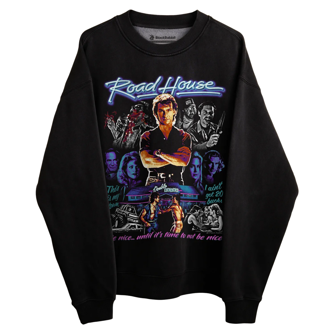 Black sweatshirt with ’road house’ graphic design featuring characters and title in neon colors.