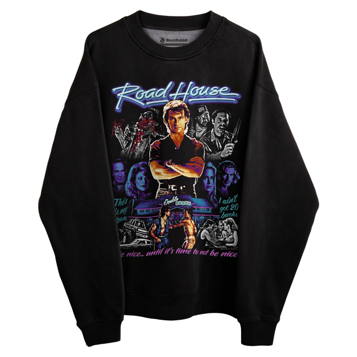 Black sweatshirt with ’road house’ graphic design featuring characters and title in neon colors.