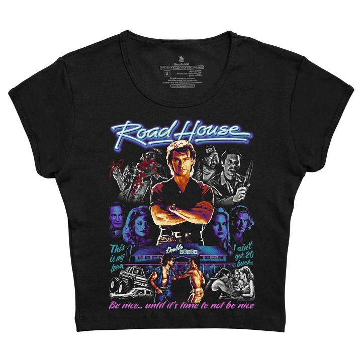 Black short-sleeved t-shirt featuring a vibrant, neon-style graphic of the movie ’road house’ with its iconic characters and quotes.