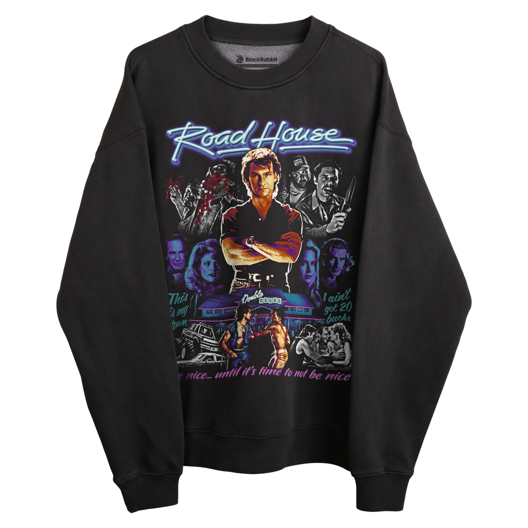 Black crewneck sweatshirt with ’road house’ graphic design featuring characters and scenes from the movie, made of cotton.
