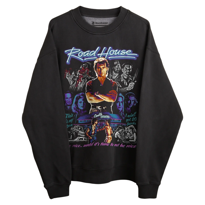 Black crewneck sweatshirt with ’road house’ graphic design featuring characters and scenes from the movie, made of cotton.