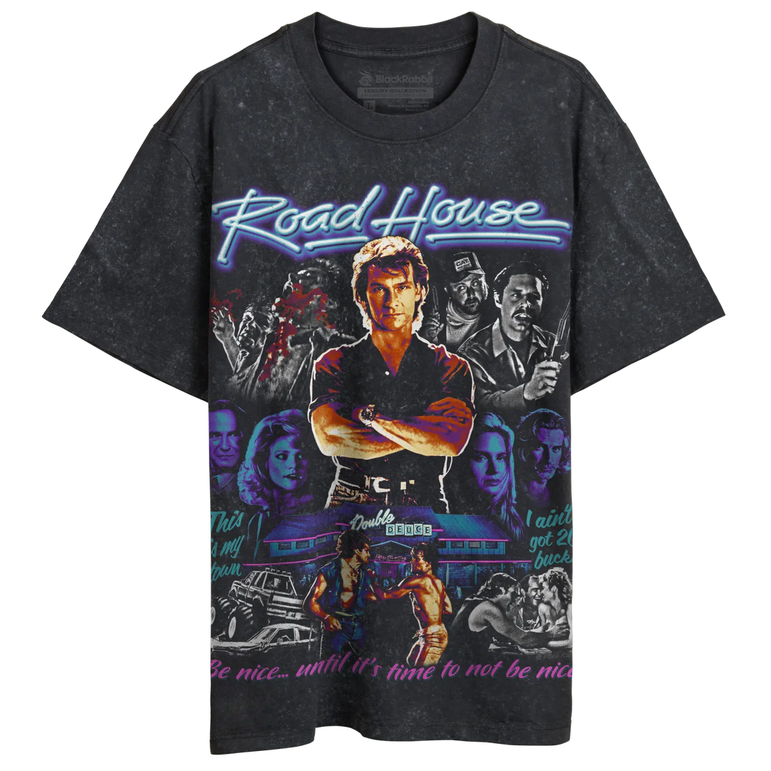 Dark gray t-shirt with a vintage ’Road House’ movie graphic.