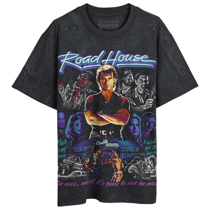 Dark gray t-shirt with a vintage ’Road House’ movie graphic.