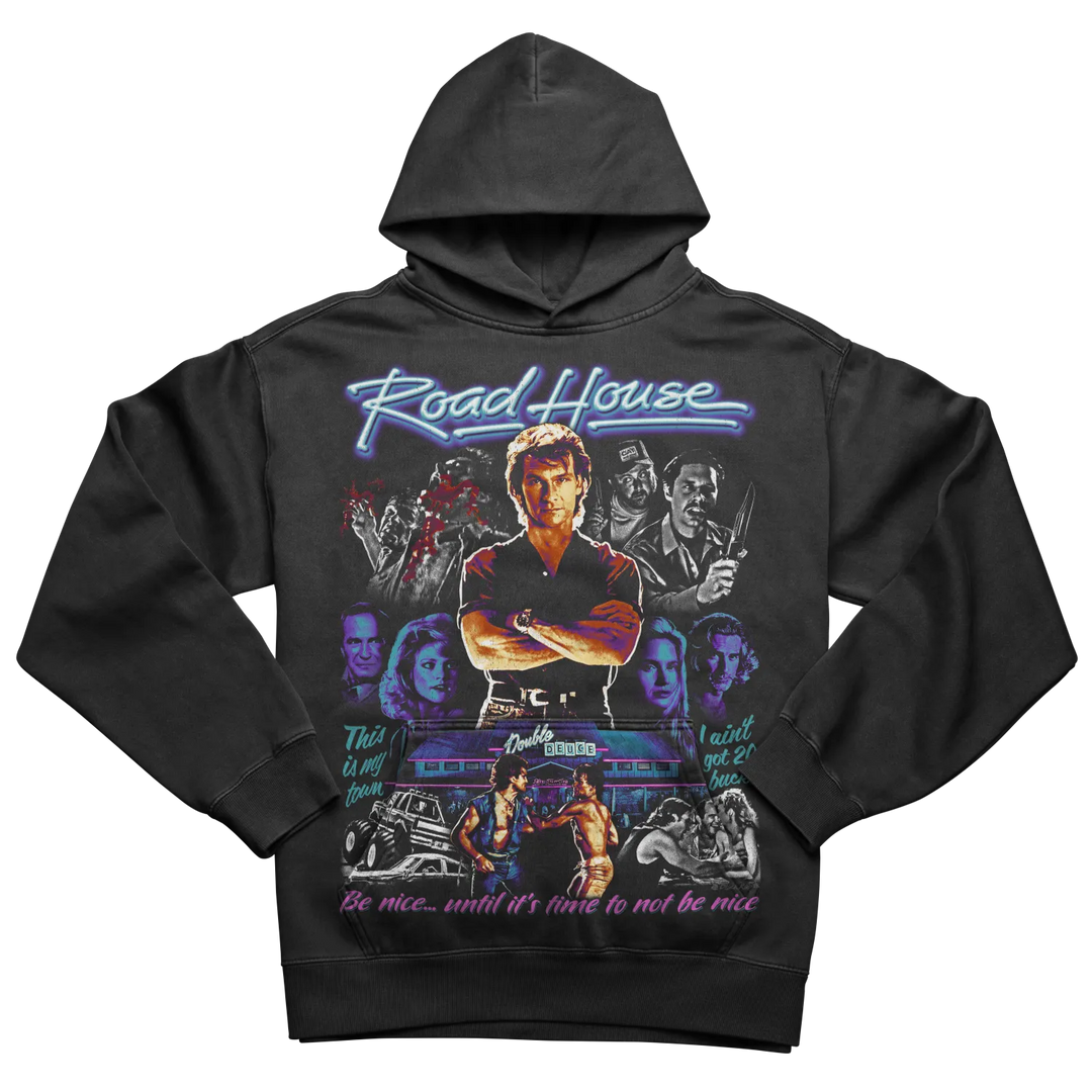 Black hoodie with a colorful ’Road House’ movie poster graphic.