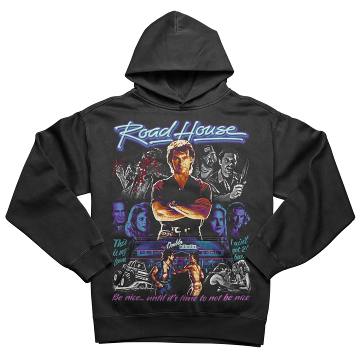 Black hoodie with a colorful ’Road House’ movie poster graphic.