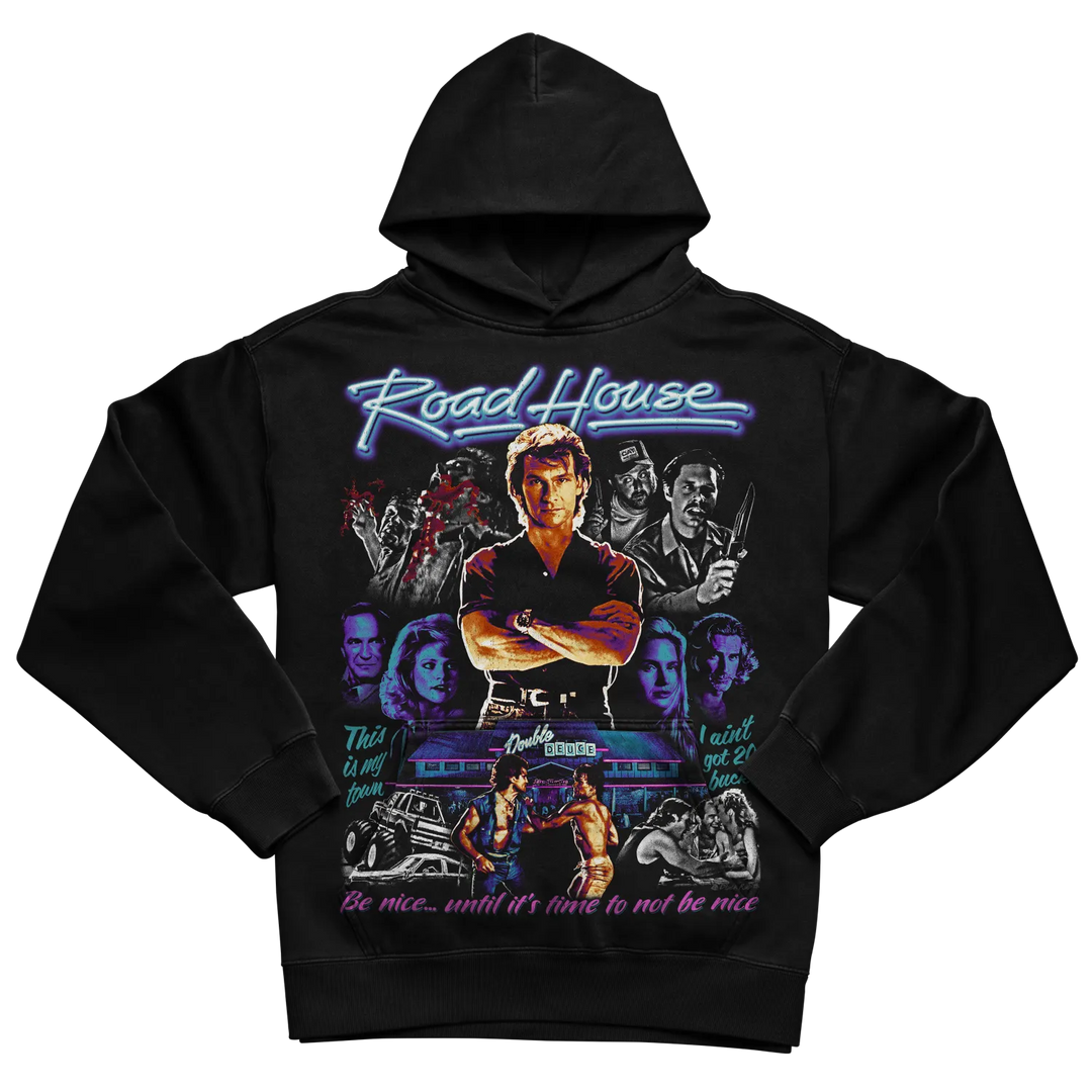 Black hoodie with ’road house’ graphic design featuring characters and neon text.