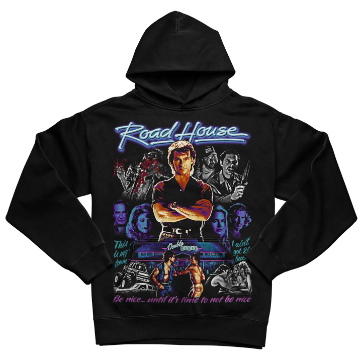 Black hoodie with ’road house’ graphic design featuring characters and neon text.