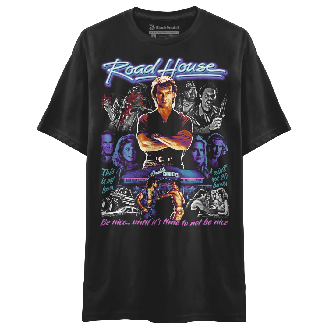 Black t-shirt with a colorful ’Road House’ movie graphic.