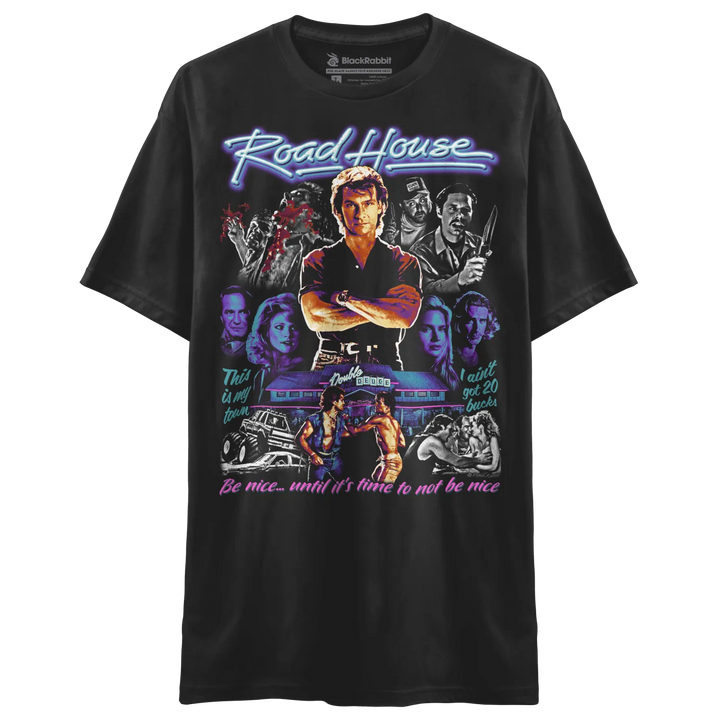 Black t-shirt with a colorful ’Road House’ movie graphic.