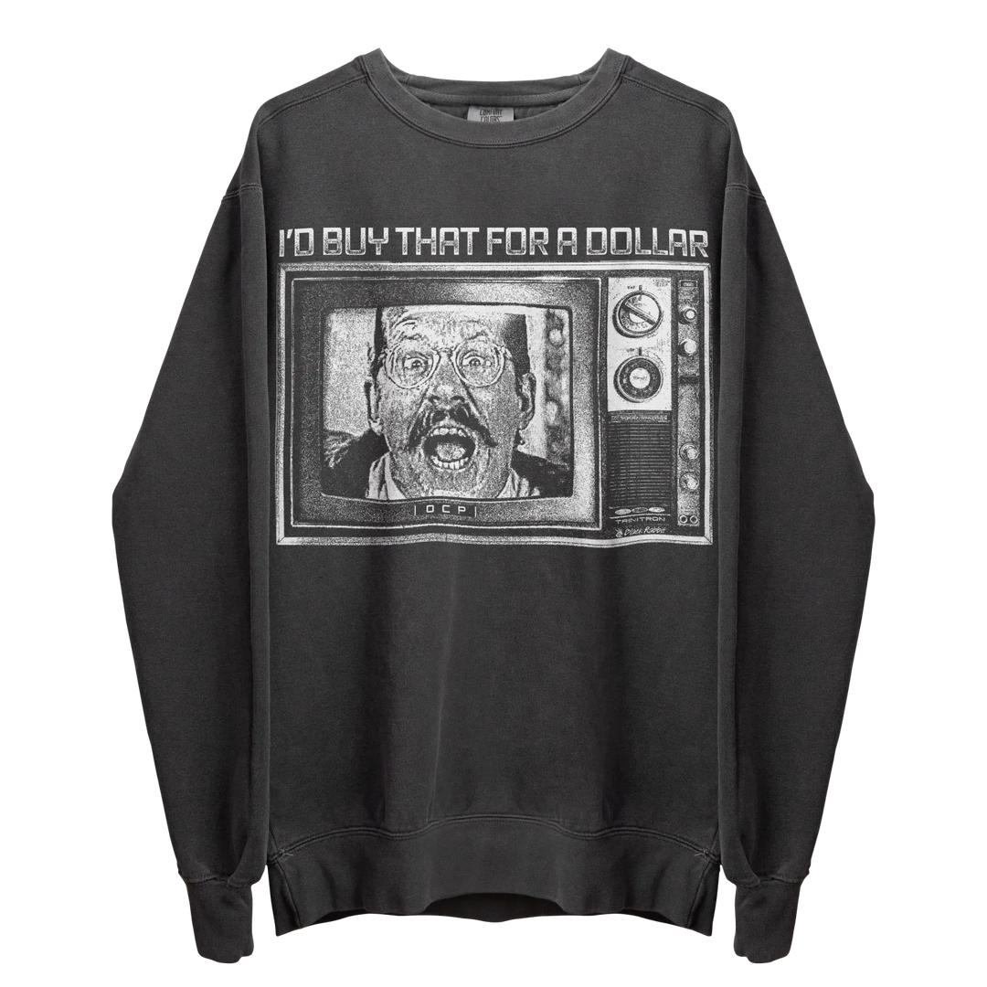 Black crewneck sweatshirt with a graphic of a man in glasses and a mustache on a vintage television screen.
