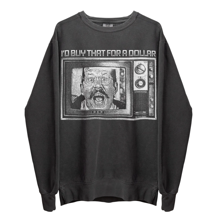 Black crewneck sweatshirt with a graphic of a man in glasses and a mustache on a vintage television screen.