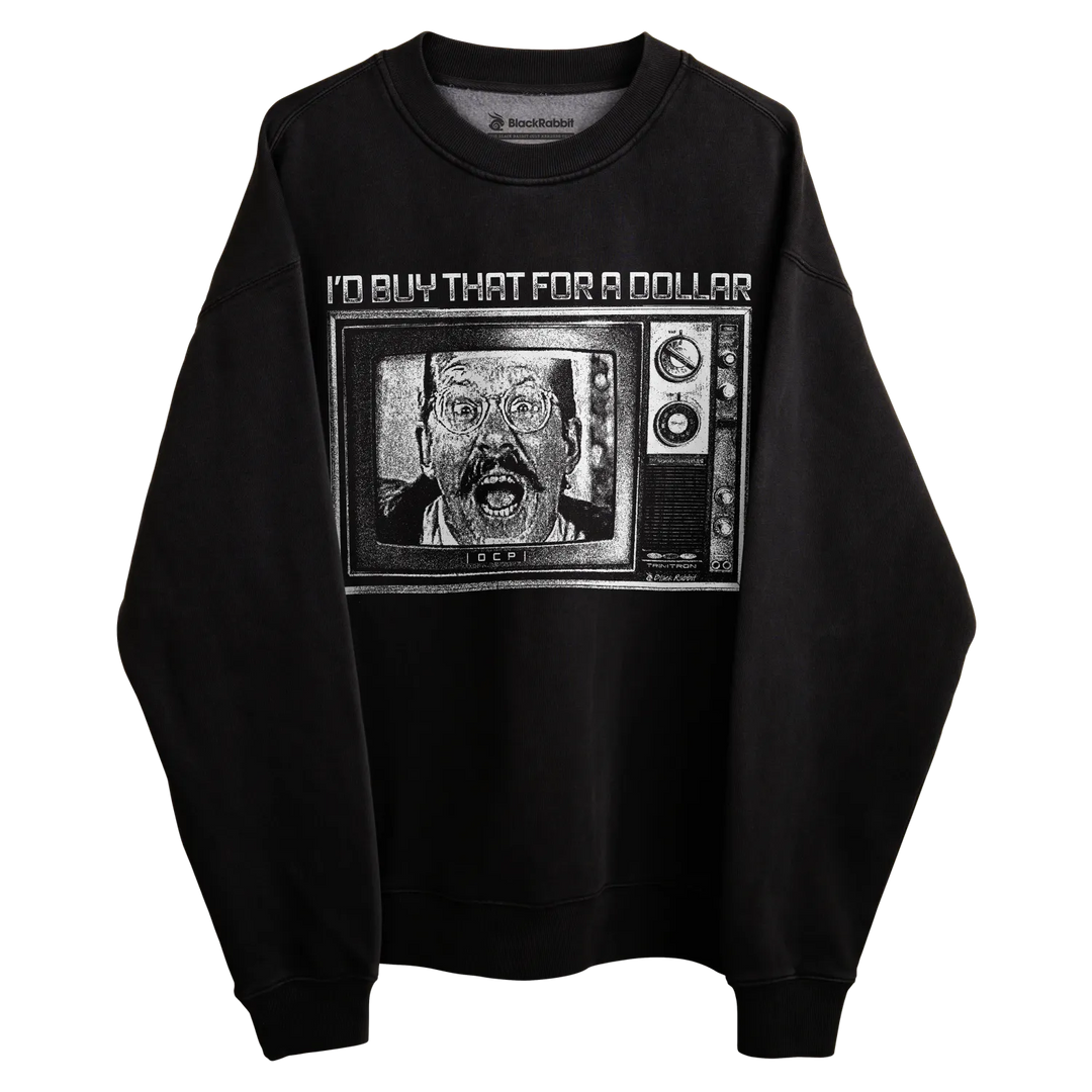 Black crewneck sweatshirt with graphic design of a vintage television and text ’i’d buy that for a dollar’ featuring an image of a man in glasses. 