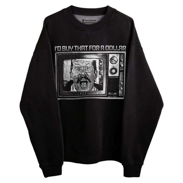 Black crewneck sweatshirt with graphic design of a vintage television and text ’i’d buy that for a dollar’ featuring an image of a man in glasses. 