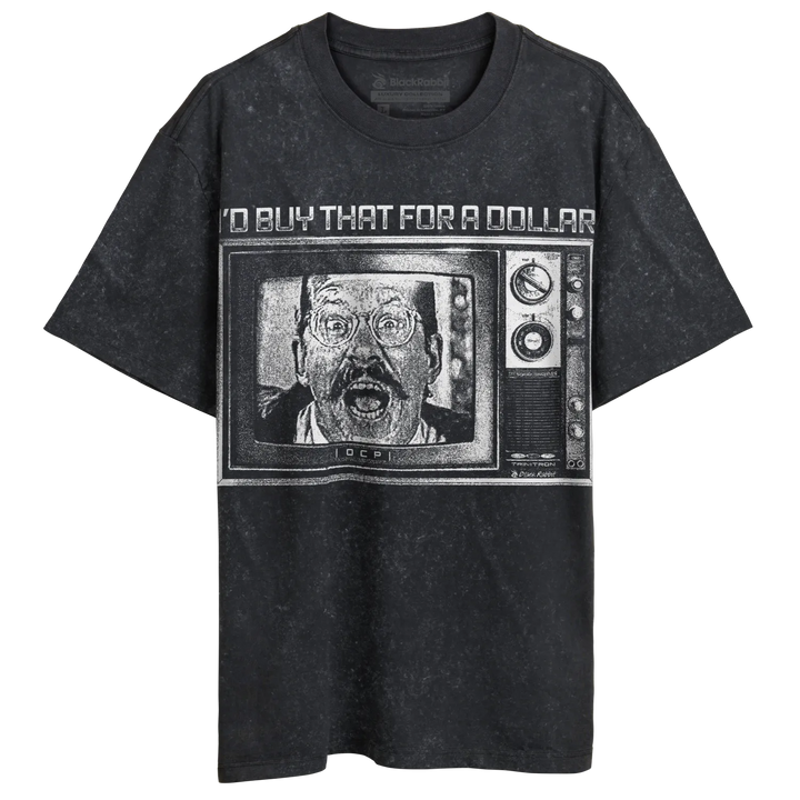 Black, short-sleeve, crew-neck t-shirt with a graphic of a man in glasses on a vintage television screen and text above it.