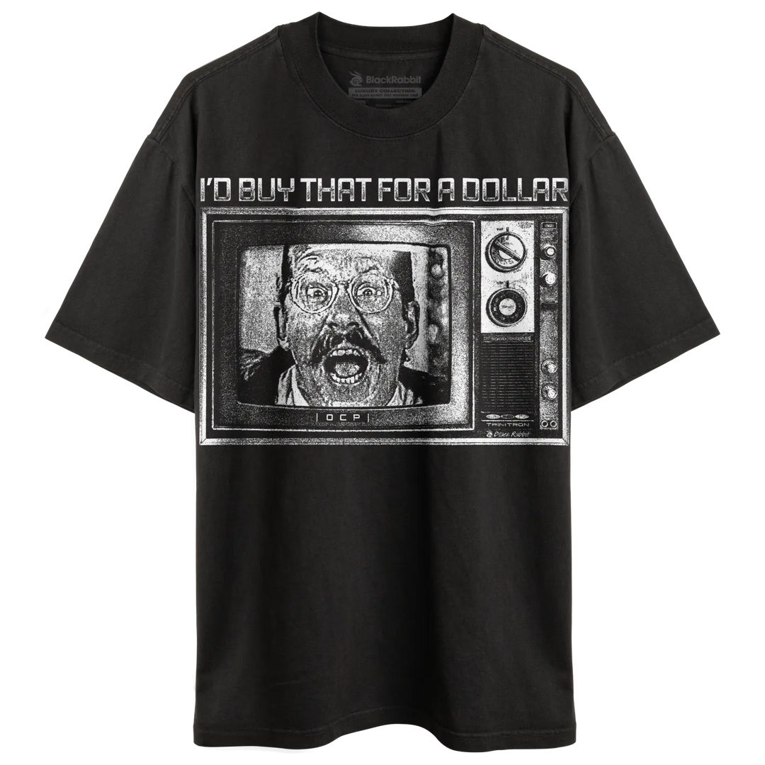 Black t-shirt with a graphic print of a man in a TV.