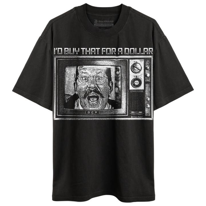 Black t-shirt with a graphic print of a man in a TV.