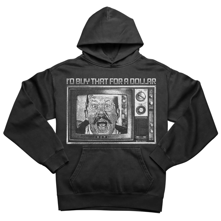 Dark grey hooded sweatshirt with a graphic of a man on a television screen.