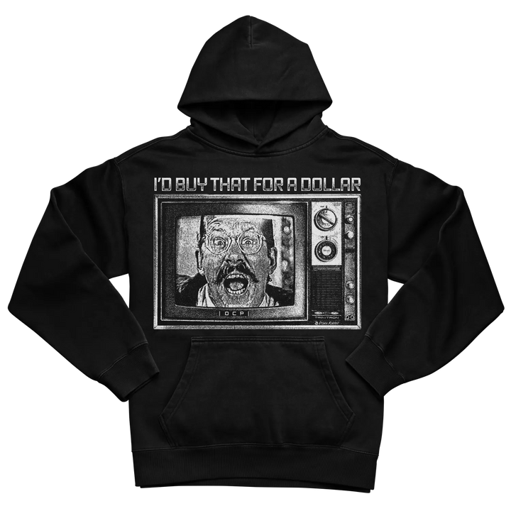 Black hoodie with retro tv graphic and text ’i’d buy that for a dollar’ 