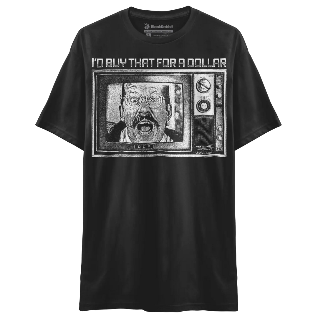 Black t-shirt with a vintage television graphic showing a man with a surprised expression.