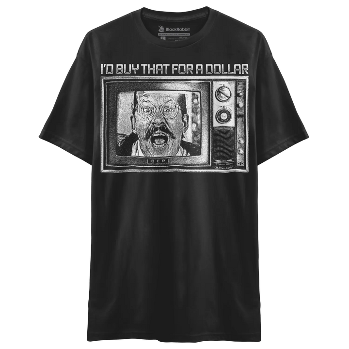 Black t-shirt with a vintage television graphic showing a man with a surprised expression.