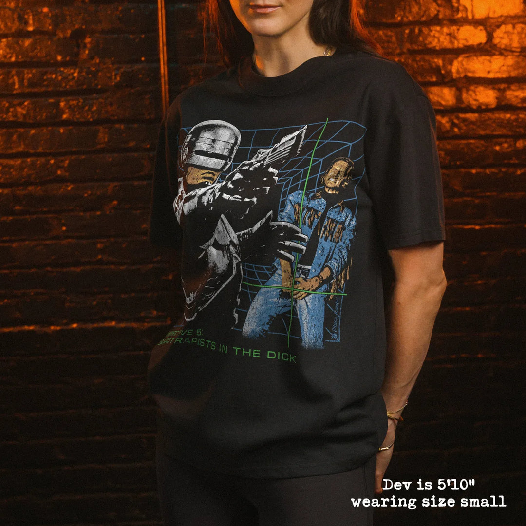 Model wearing heavy tee with dick shot graphic 