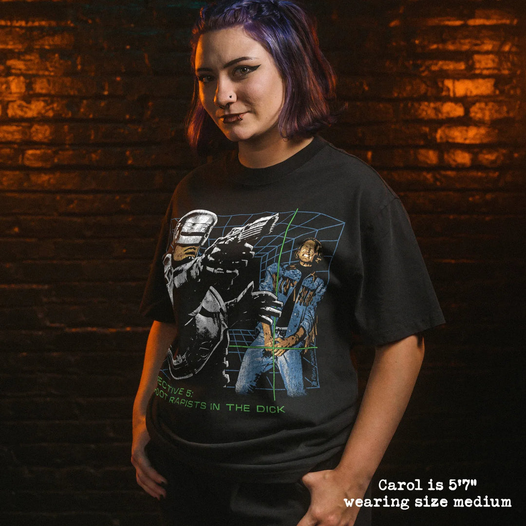 Model wearing heavy tee with dick shot graphic 