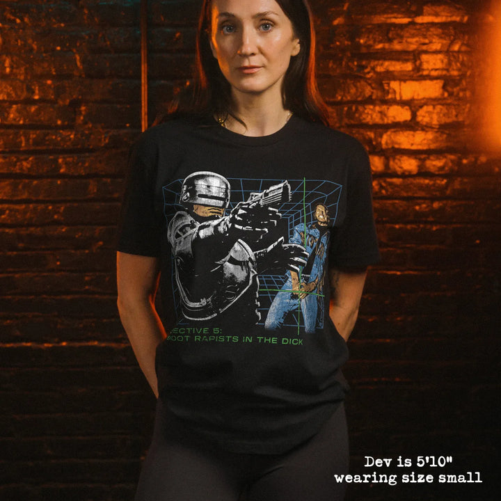 model wear soft premium tee with dick shot graphic
