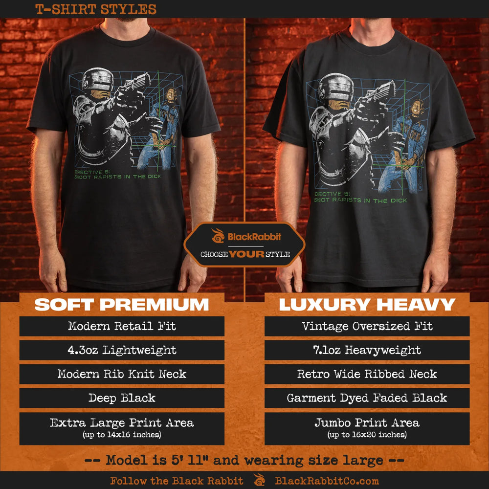 Two black t-shirts, one a soft premium retail fit and the other a luxury heavy vintage oversized fit, both featuring a ’Robocop’ graphic.